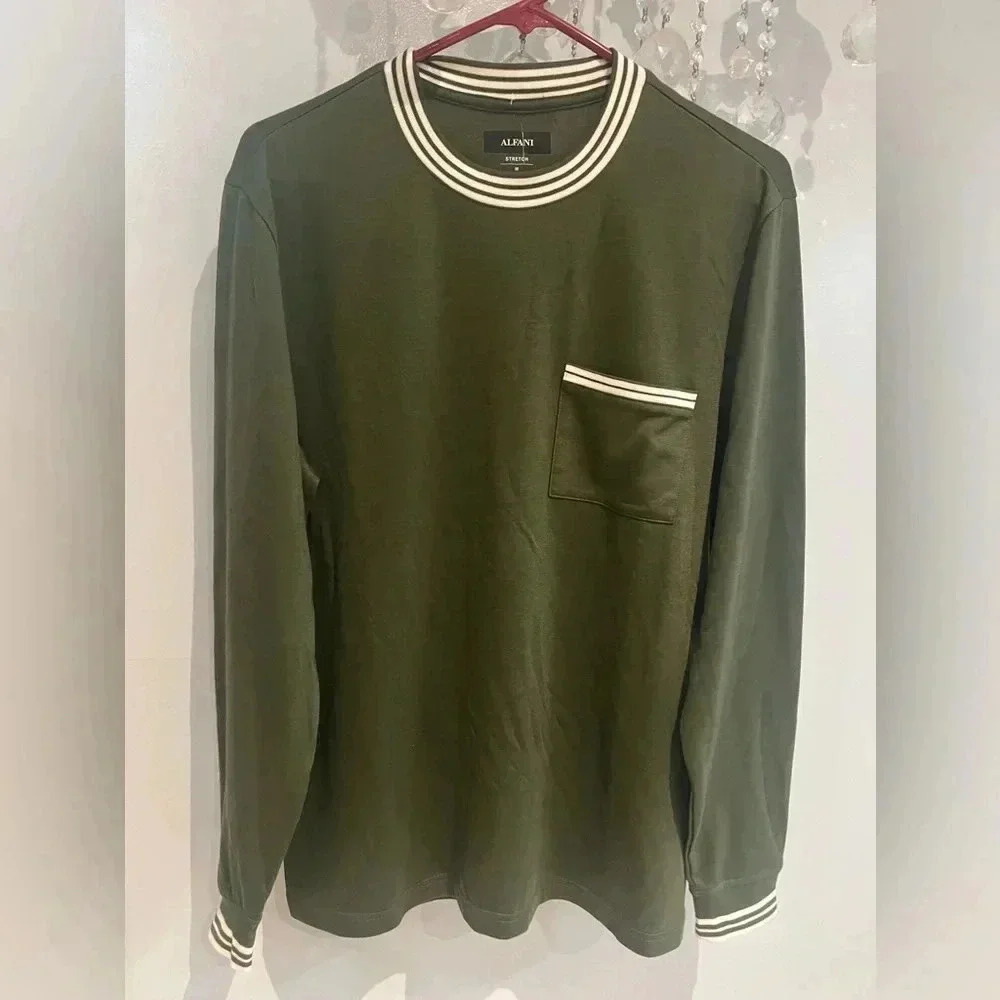 ALFANI Men's Costa Green Vari-Stripe Crewneck Long-Sleeve Pullover Shirt SZ M
